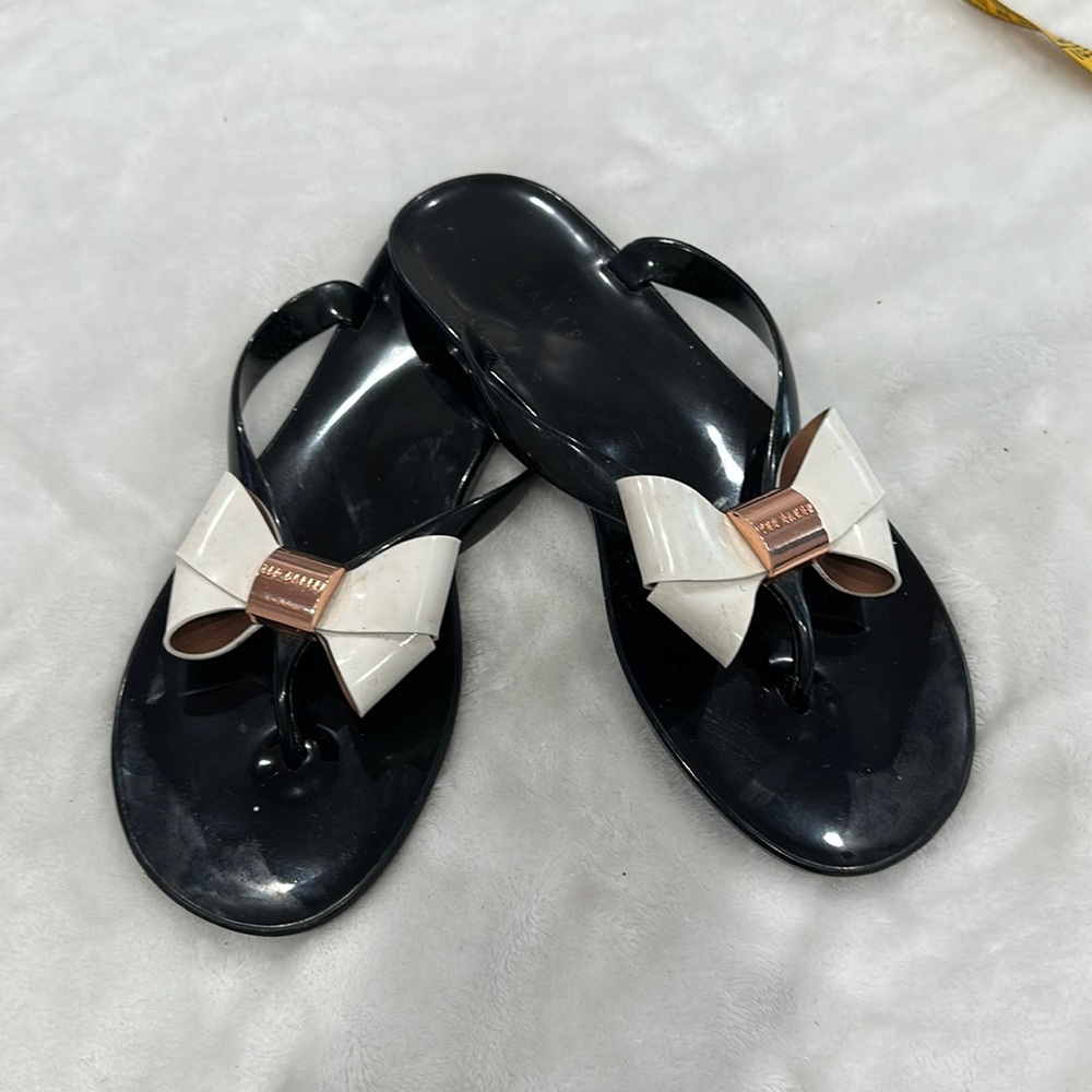 Ted Baker Black Jelly Bow Thong Sandals with Cream Bow